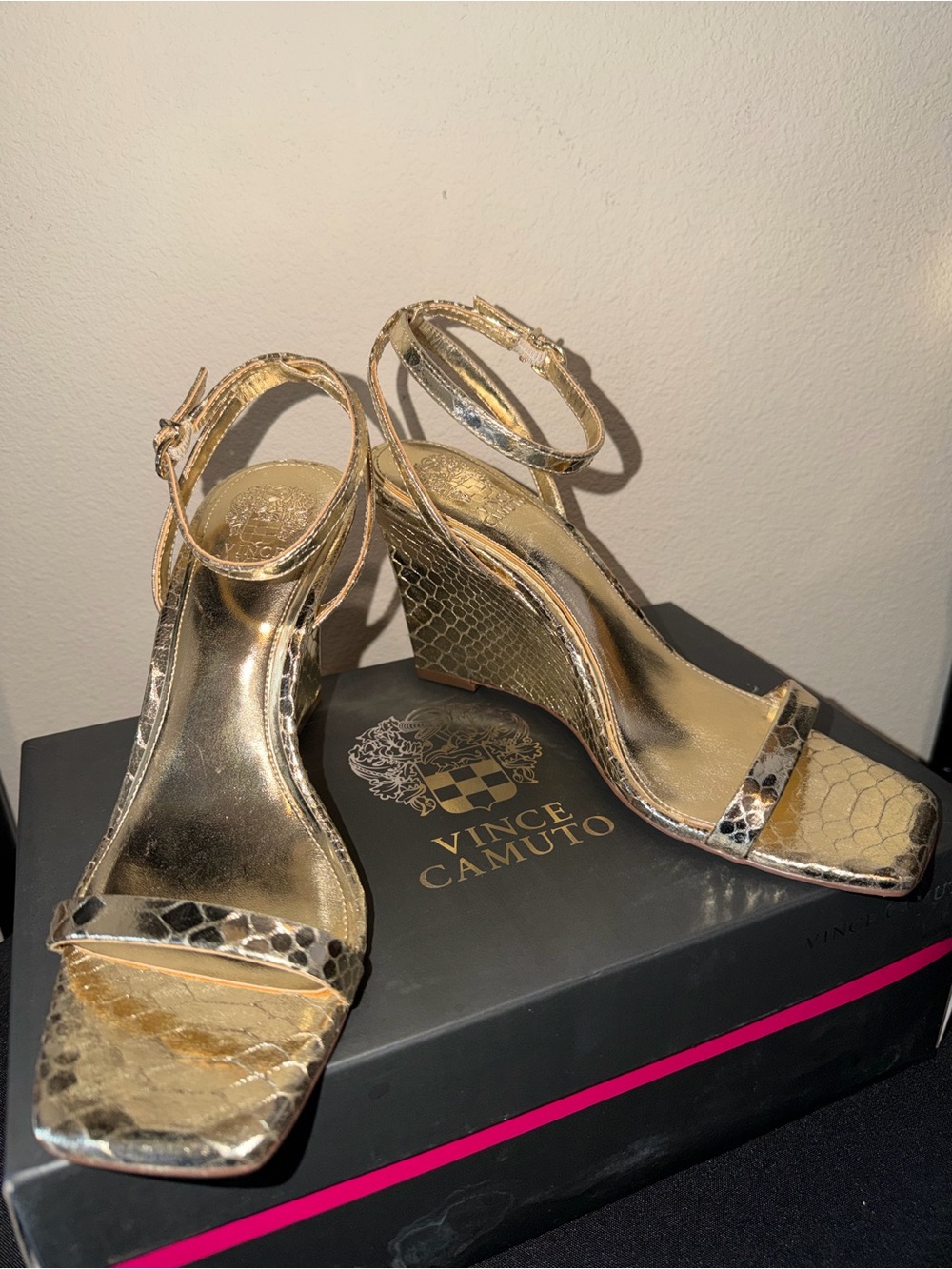Vince Camuto Metallic Gold Snake-Embossed Wedge Sandals